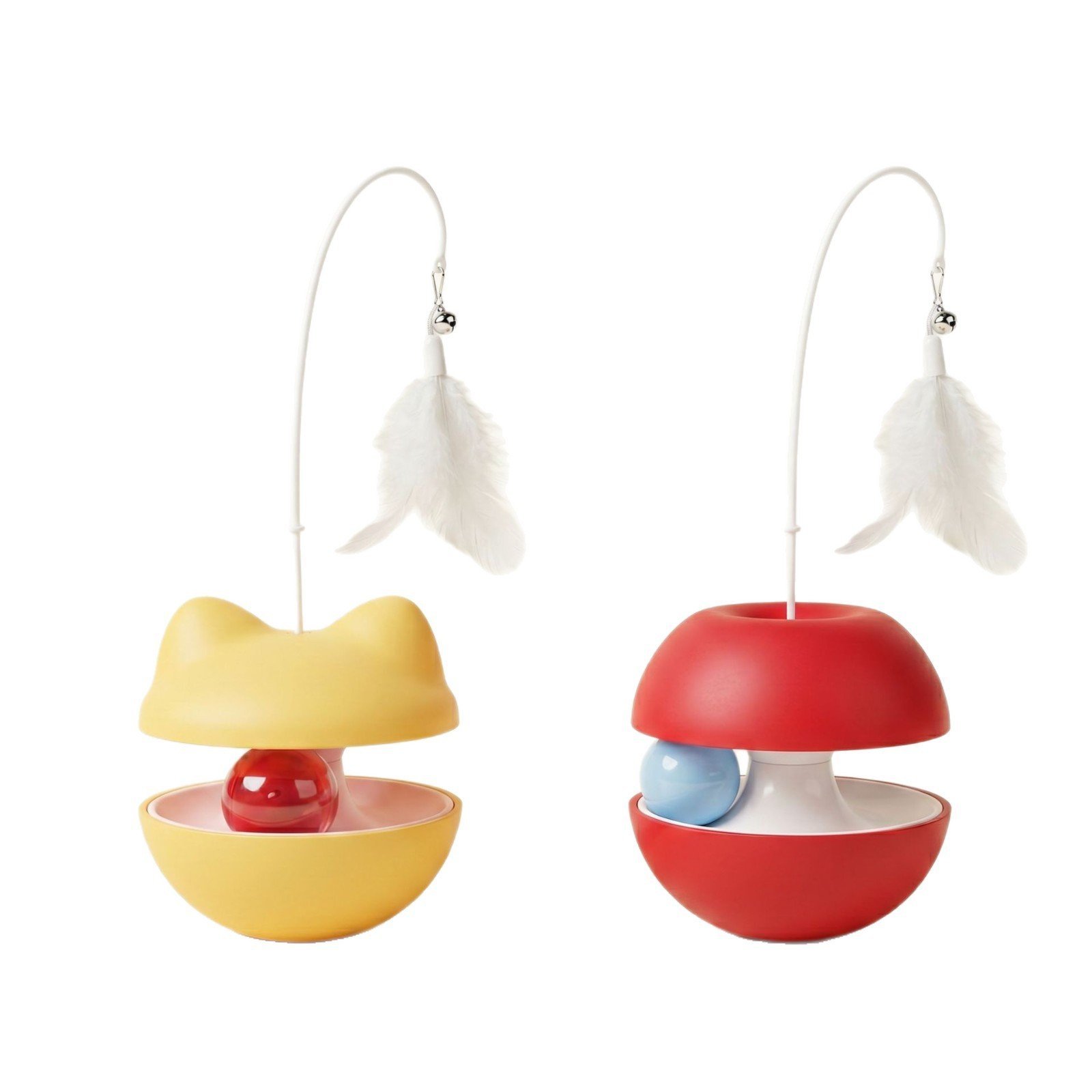Cat-head and apple tumbler feather cat toy with treat ball design