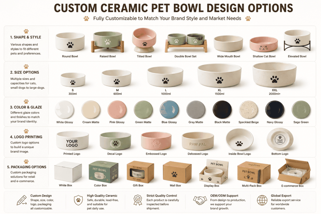 Custom ceramic pet bowl design options including shape, size, glaze color, logo printing, and packaging