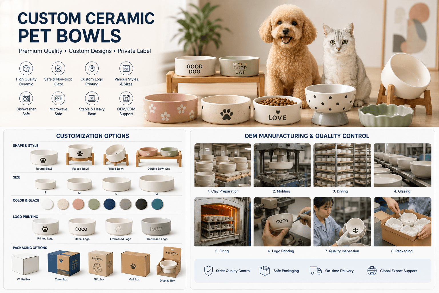 Custom ceramic pet bowls for dogs and cats with private label logo, packaging, and OEM manufacturing options