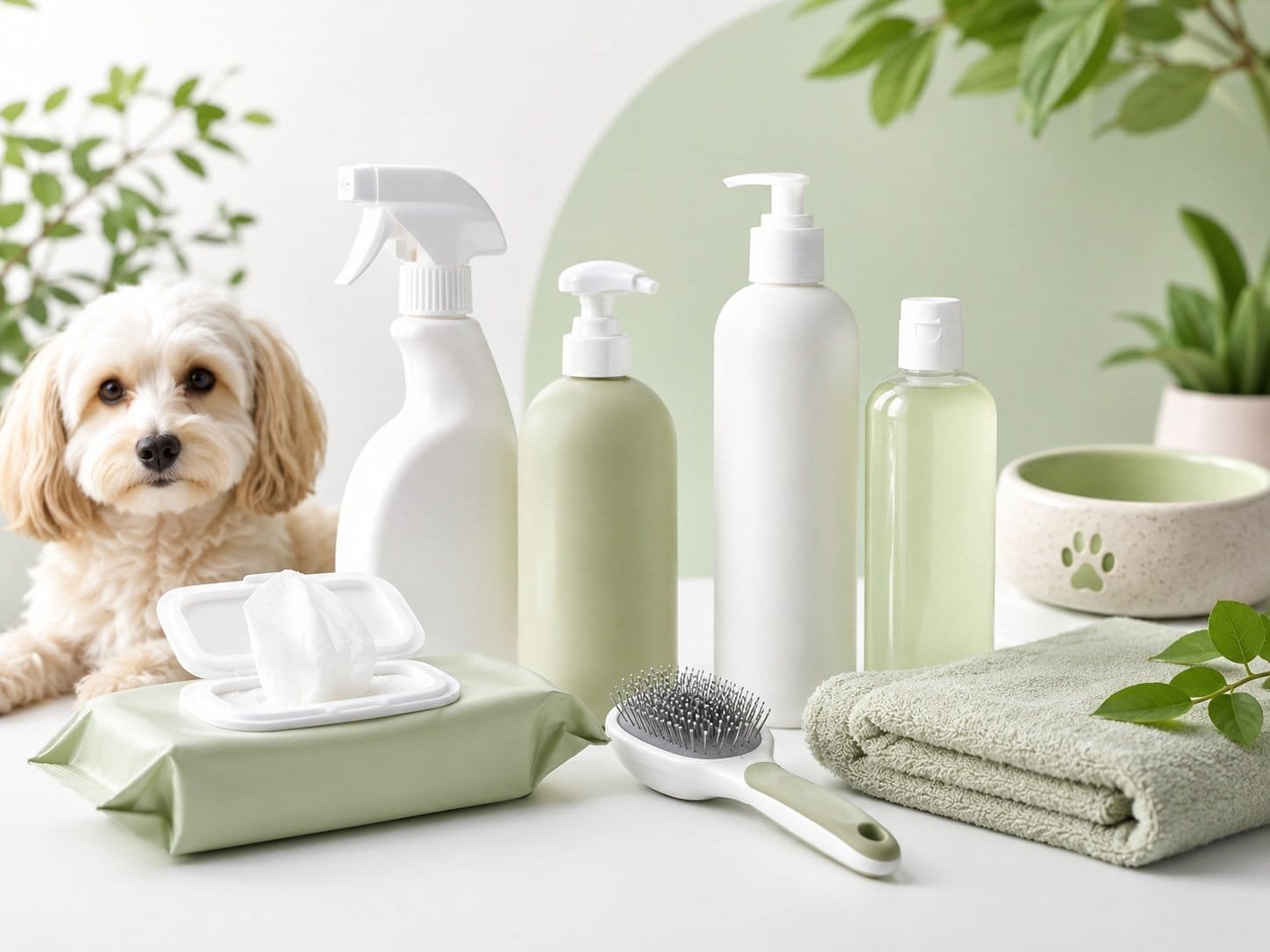 Custom pet cleaning and care products including pet wipes sprays shampoos grooming tools and towels