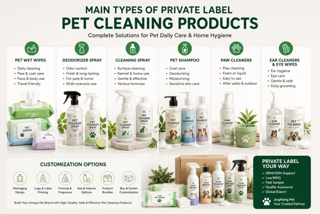 Custom pet cleaning product categories including pet wet wipes, deodorizer spray, cleaning spray, pet shampoo, paw cleaners, ear cleaners and eye wipes