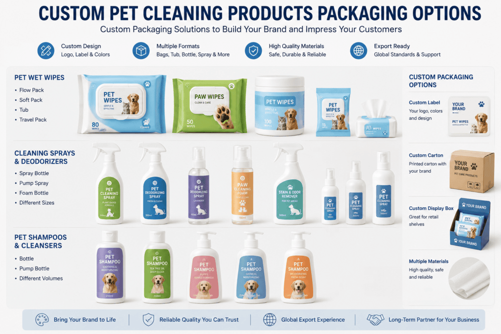 Custom packaging options for private label pet cleaning products including pet wipes, cleaning sprays, and pet shampoos