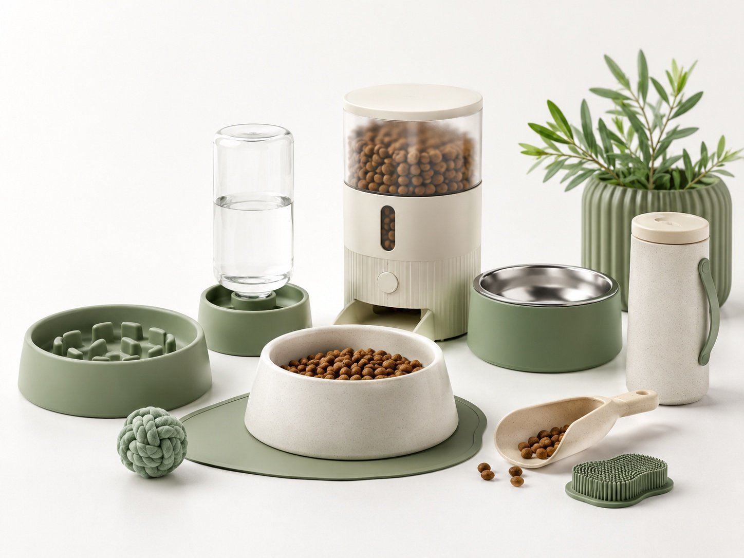 Custom pet feeding products including bowls, feeders, and travel feeding accessories
