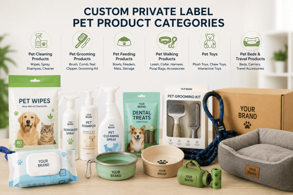 Custom private label pet product categories including pet cleaning, grooming, feeding, walking, toys, beds and travel products