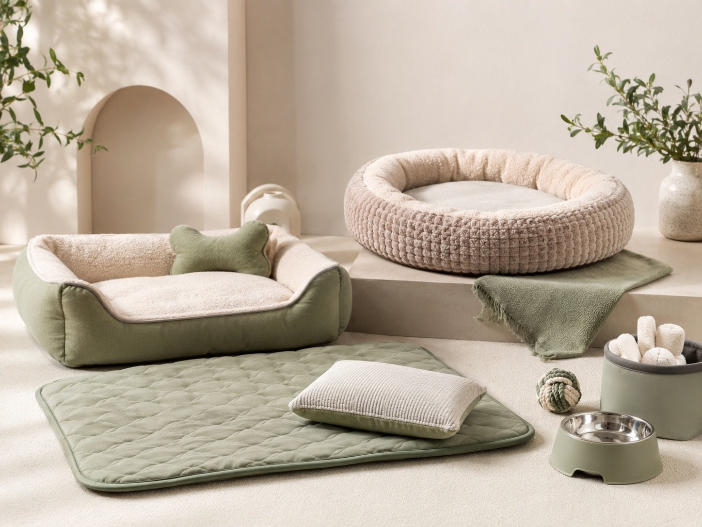 Pet beds and mats flat lay including soft pet bed, cushion and comfort accessories for private label B2B pet manufacturer