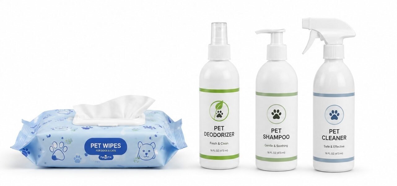 Pet cleaning and care products manufacturer with wet wipes, shampoo and cleaning spray