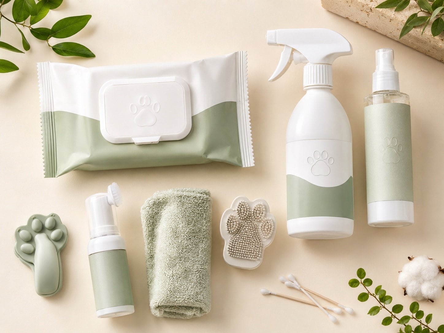Pet cleaning products flat lay including wipes, cleaning spray, deodorizing spray, and paw care accessories for private label B2B pet care brand