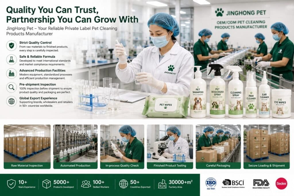Pet cleaning products manufacturer with quality control, laboratory testing, production line, packaging inspection and export shipment support