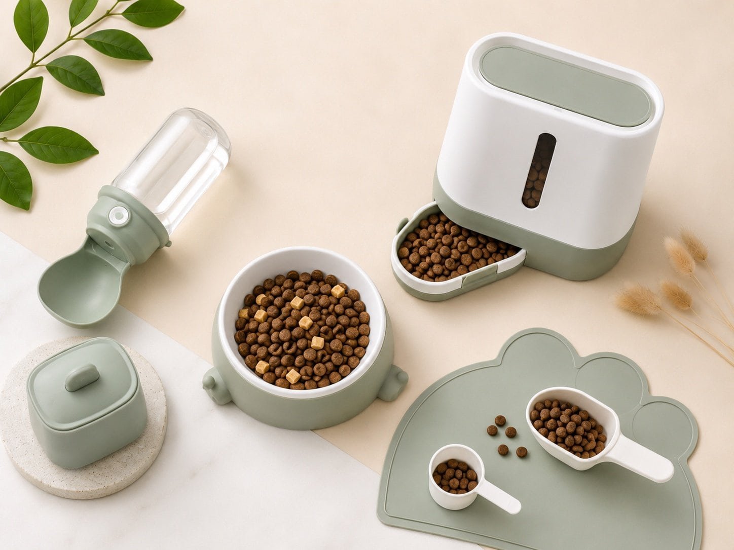 Pet feeding products flat lay including bowl, feeder, water dispenser, kibble and feeding accessories for private label B2B pet supplies manufacturer