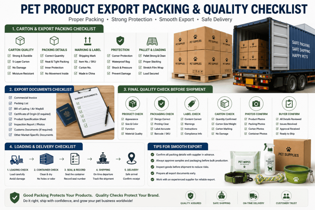 Pet product export packing and quality checklist for cartons documents loading and delivery