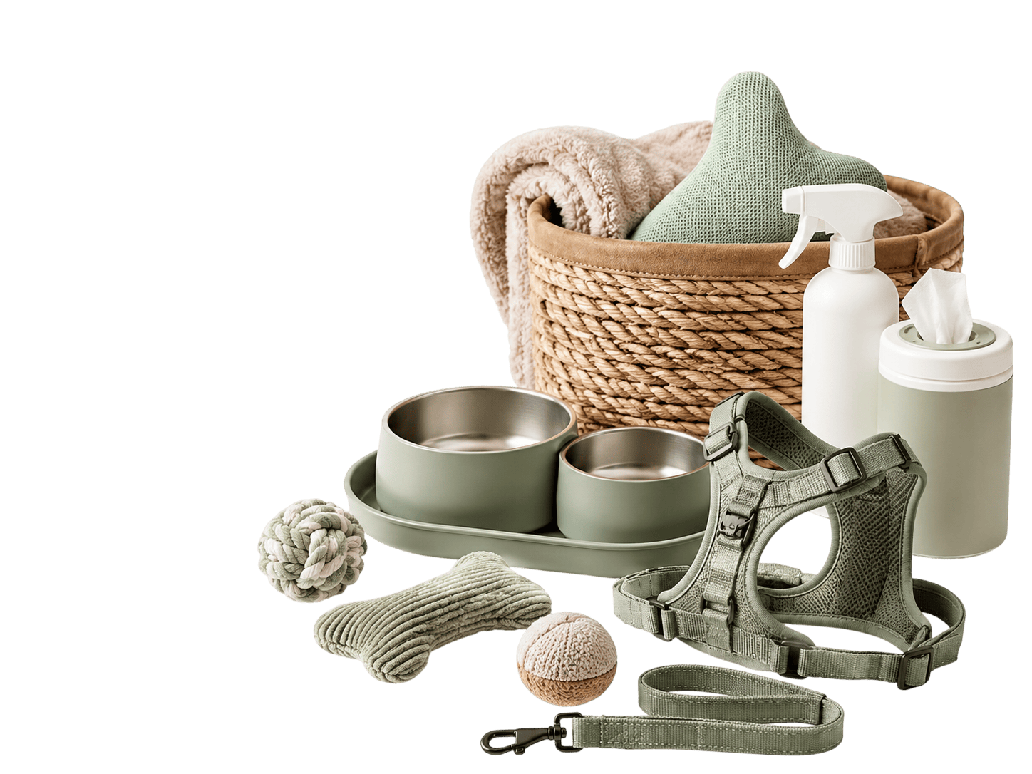 Pet product sourcing resources hero image with pet bowls, leash, toys, cleaning spray, wipes, and pet accessories