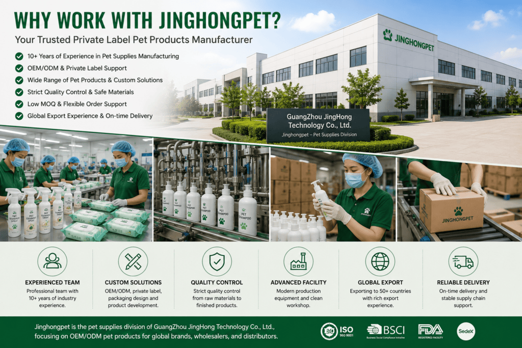 Pet supplies manufacturer factory with private label production, quality control, packaging inspection and global export support