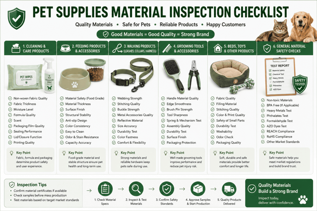 Pet supplies material quality inspection checklist for cleaning feeding walking grooming beds toys and safety checks