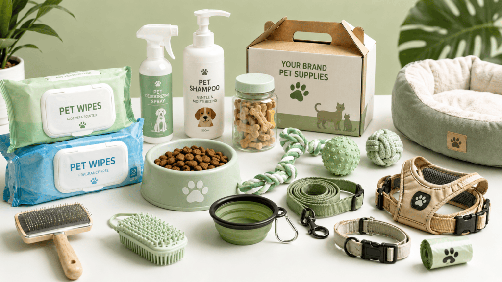 Pet supply categories for sourcing from China including cleaning feeding walking and accessories