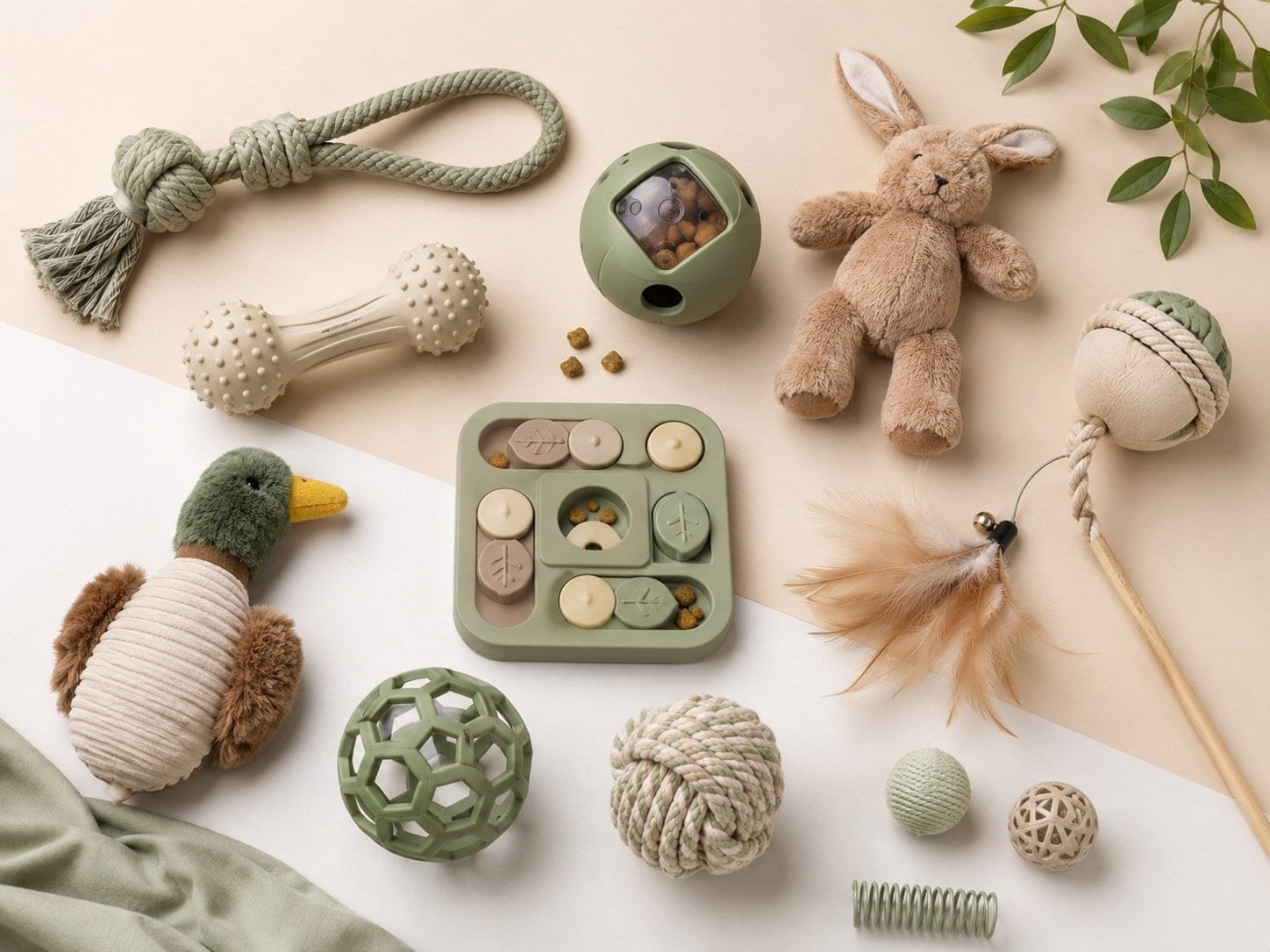 Pet toys flat lay including chew toys, interactive toys, rope toys, plush toys and cat toys for private label B2B pet manufacturer
