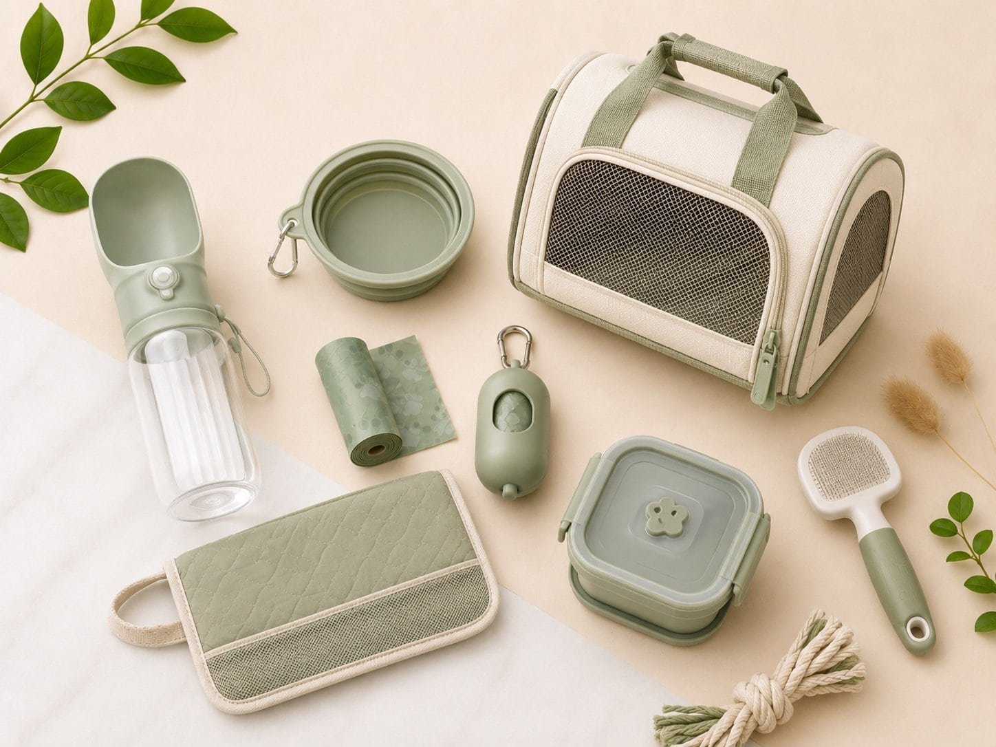 Pet travel supplies flat lay including travel bowl, water bottle, carrier bag and outdoor accessories for private label B2B pet manufacturer