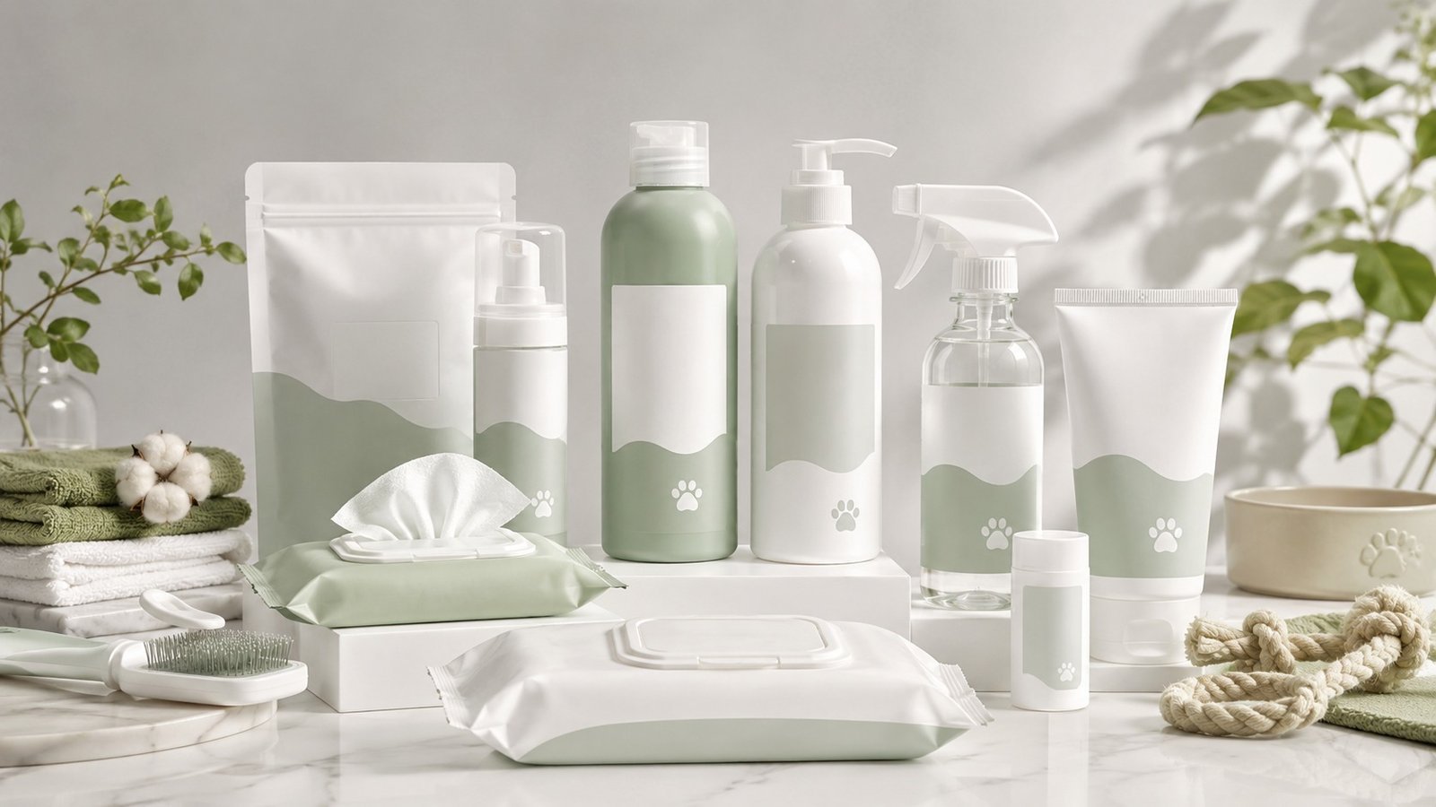 Private label pet cleaning products including pet wipes, shampoo bottles, deodorizer spray, grooming products and custom packaging for pet brands