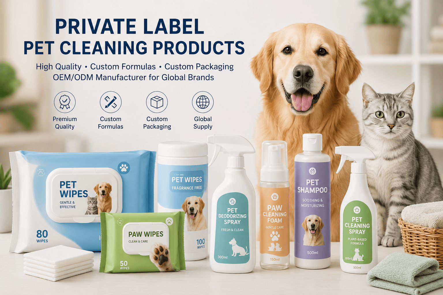 Private label pet cleaning products including pet wipes, cleaning sprays, shampoo, and paw cleaning products for global brands.