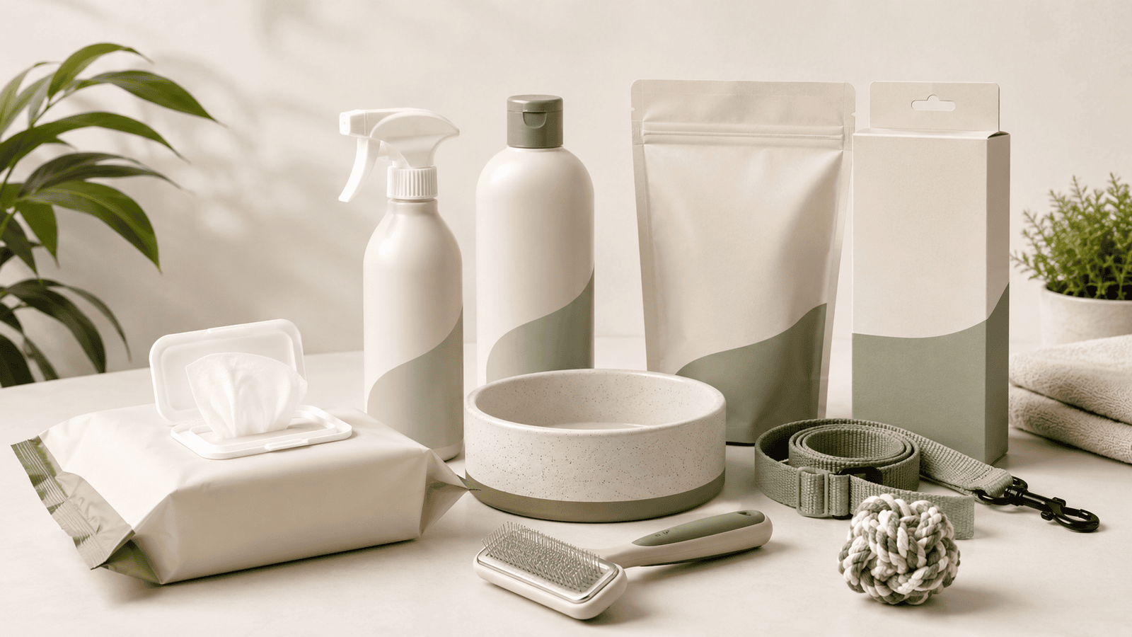Private label pet products including wipes, spray bottles, grooming tools, pet bowl, leash and retail packaging