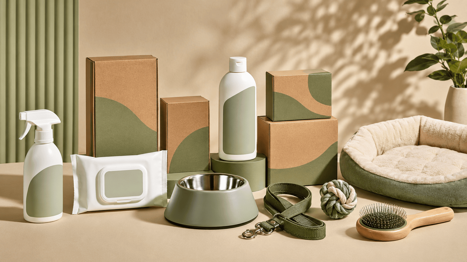 Private label pet products collection including cleaning spray, wipes, shampoo, bowl, leash, toy, grooming brush, pet bed, and custom packaging boxes