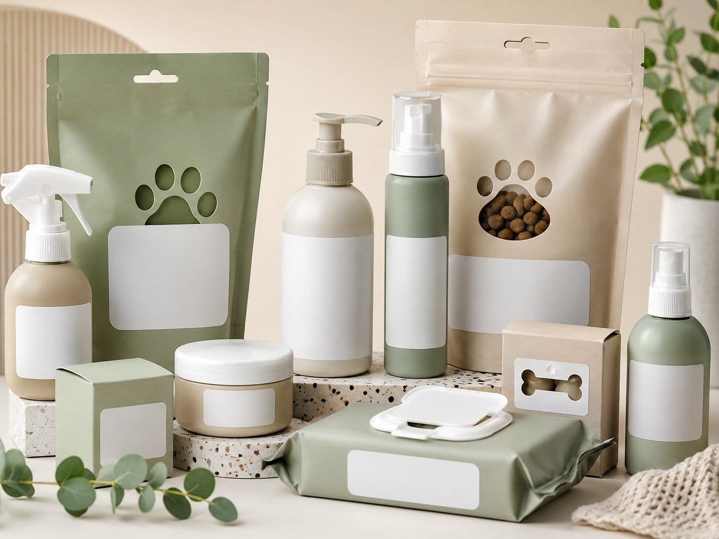 Private label pet products packaging detail scene showing spray bottles, pump bottles, wipes packs, pouches, boxes and jars for B2B manufacturer