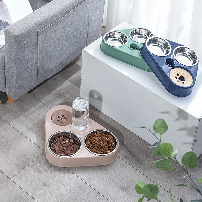 Triangular double bowl pet feeder in pink, green, and blue color options